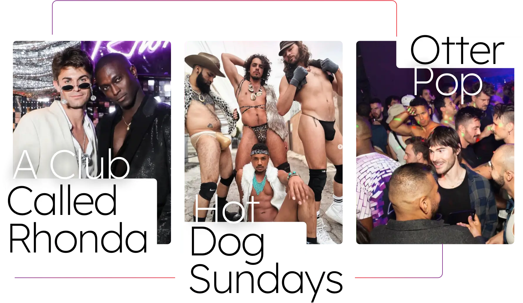 A collage of images of three gay parties in LA.