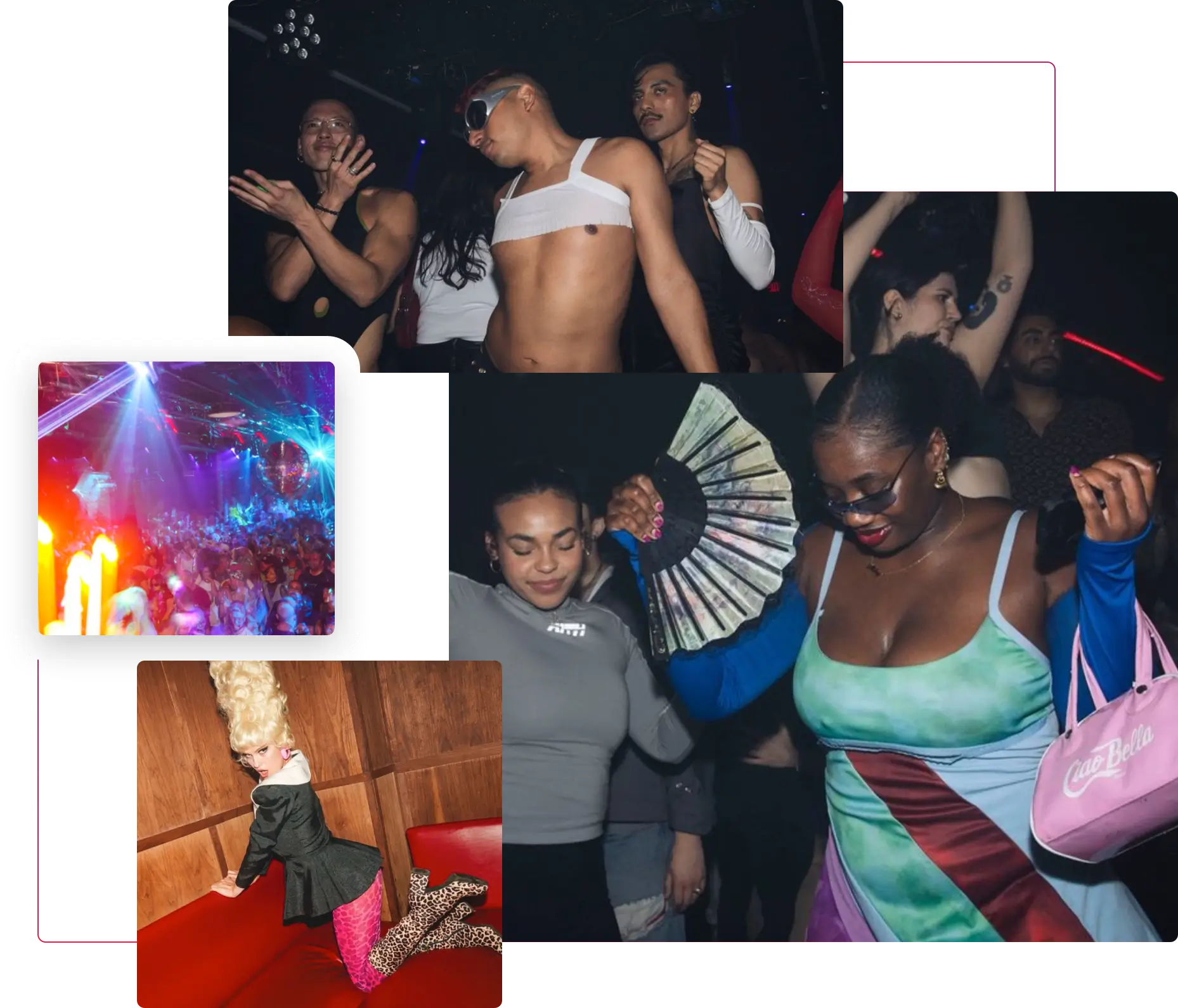 A collage of images of people dancing at the traveling gay bar A Club Called Rhona. 