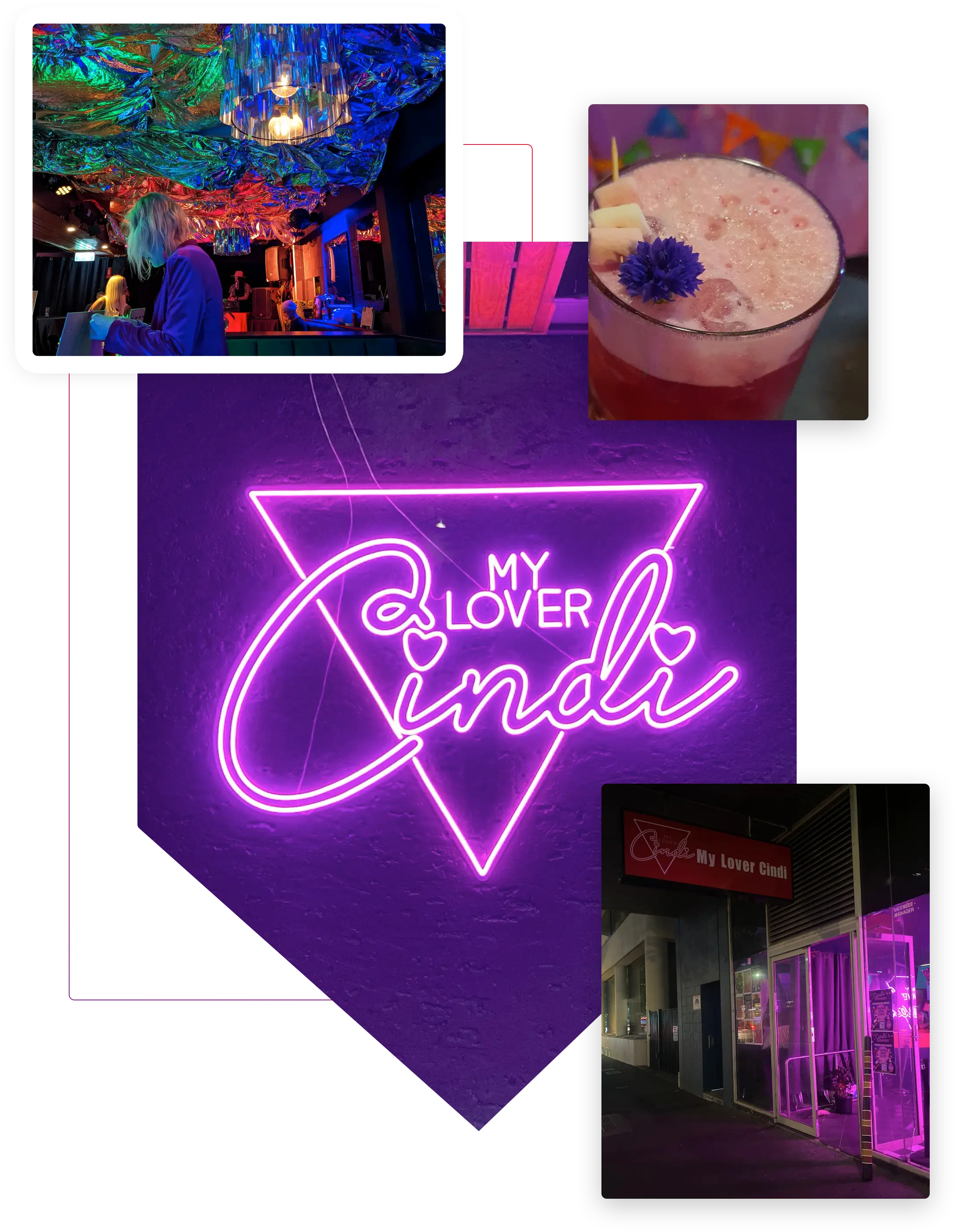 A collage of images of the interior and exterior of gay bar My Cindi Lover.