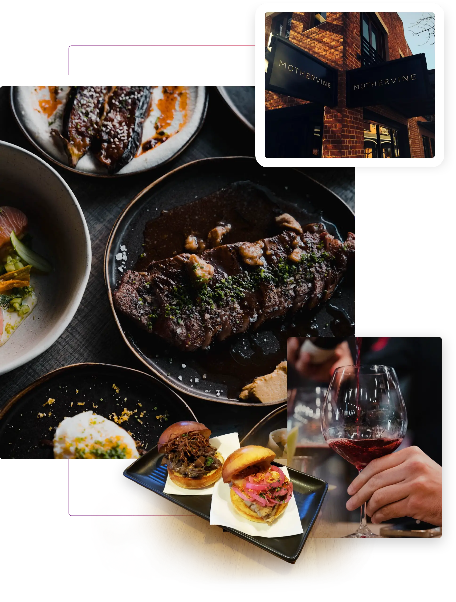 Imagery of food and drink at Mother Vine - a gay wine bar in Adelaide.