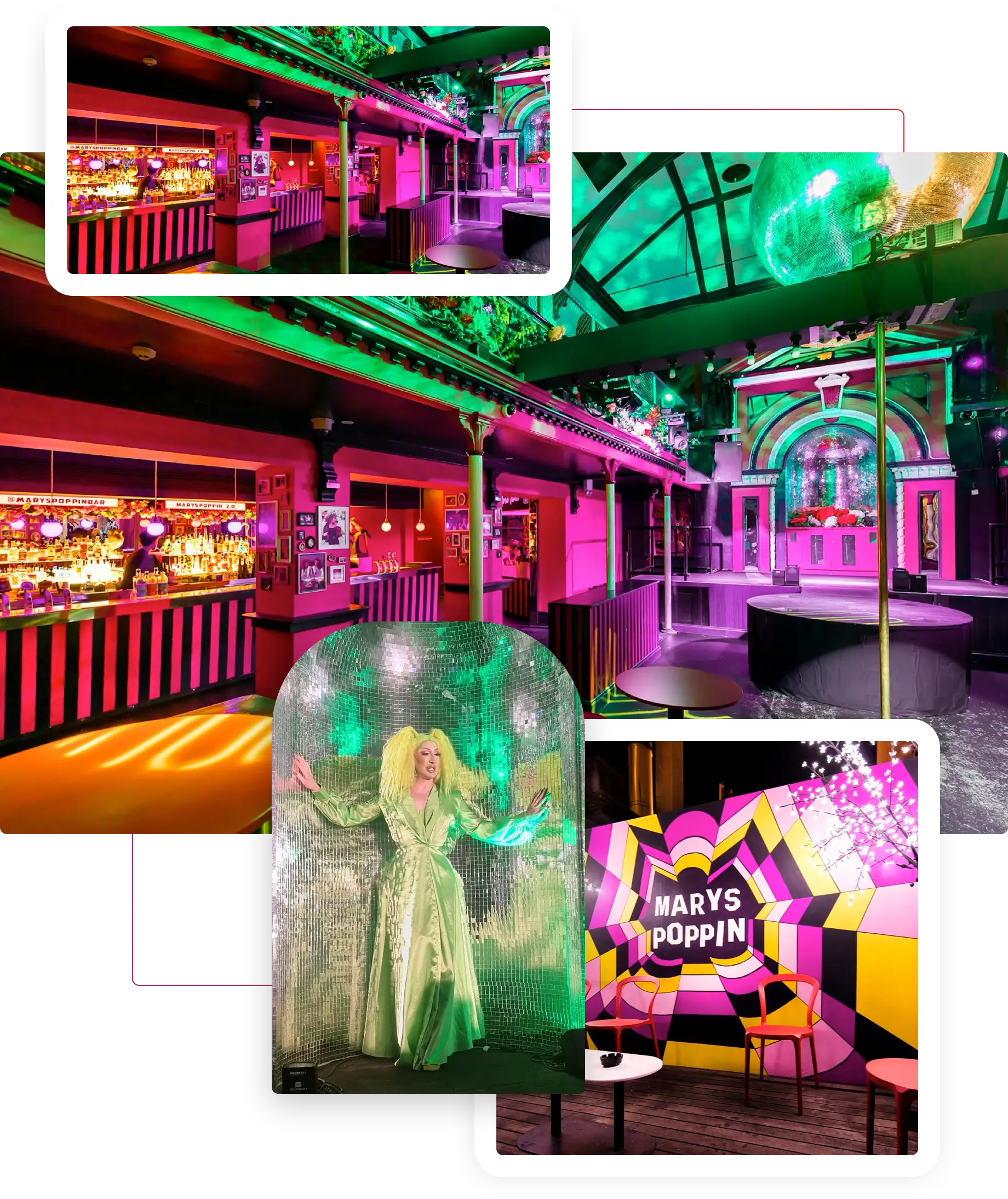 Interior and exterior shots of Marys Poppin - a gay bar in Melbourne.