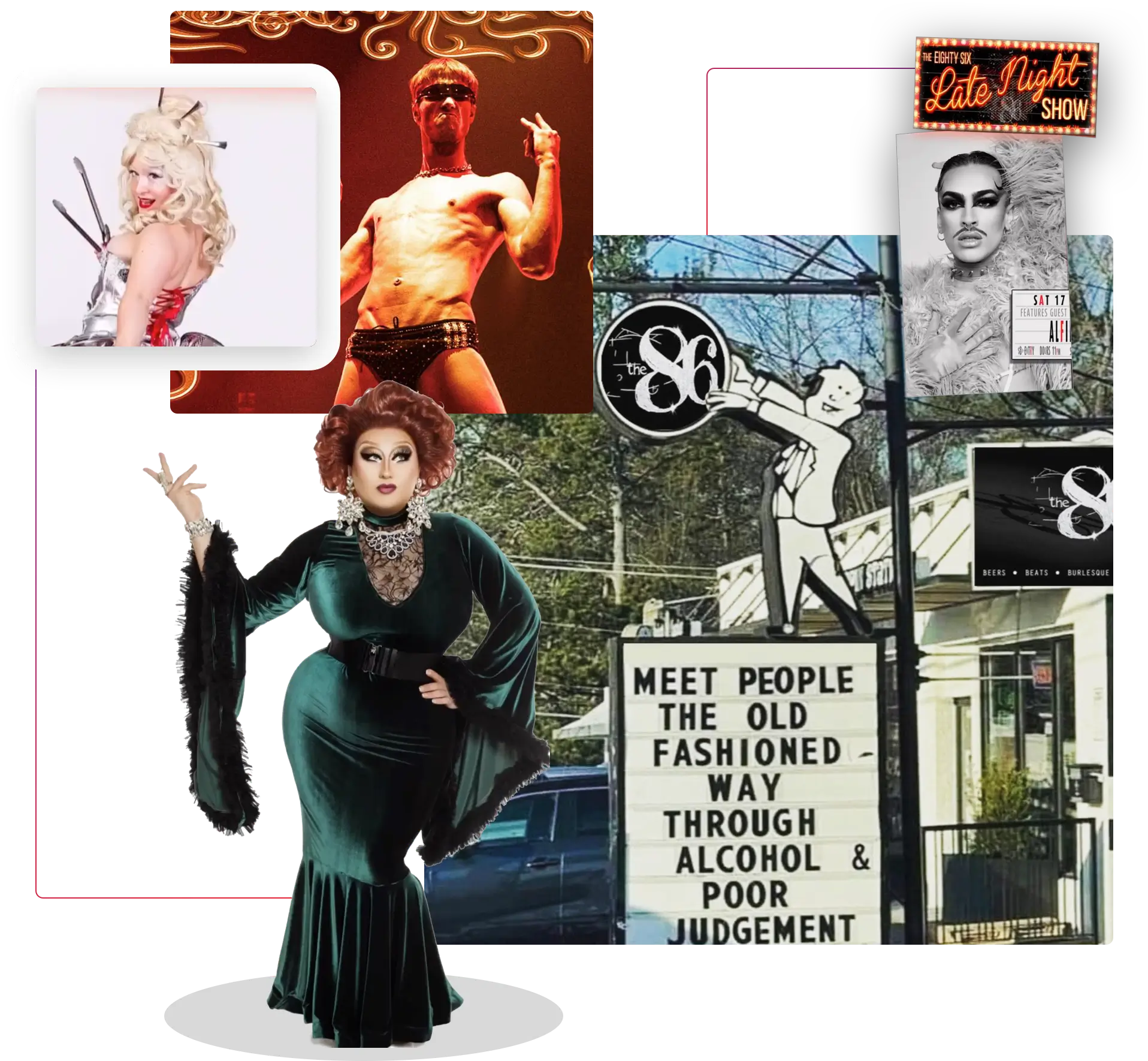 Several images of drag performers at The 86, a gay bar in Melbourne.