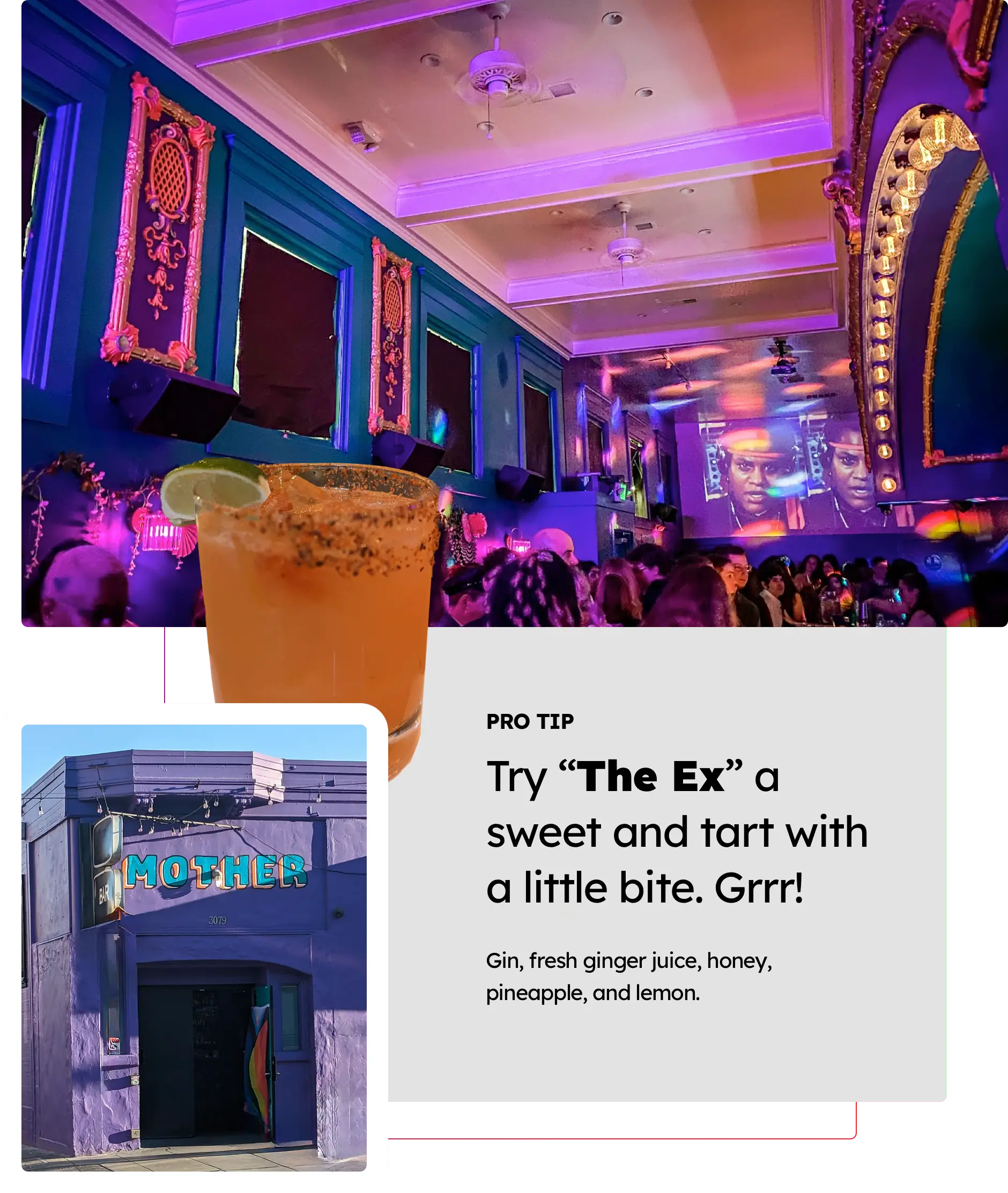 Several images including a drink called "The Ex" at Mother in San Francisco. 