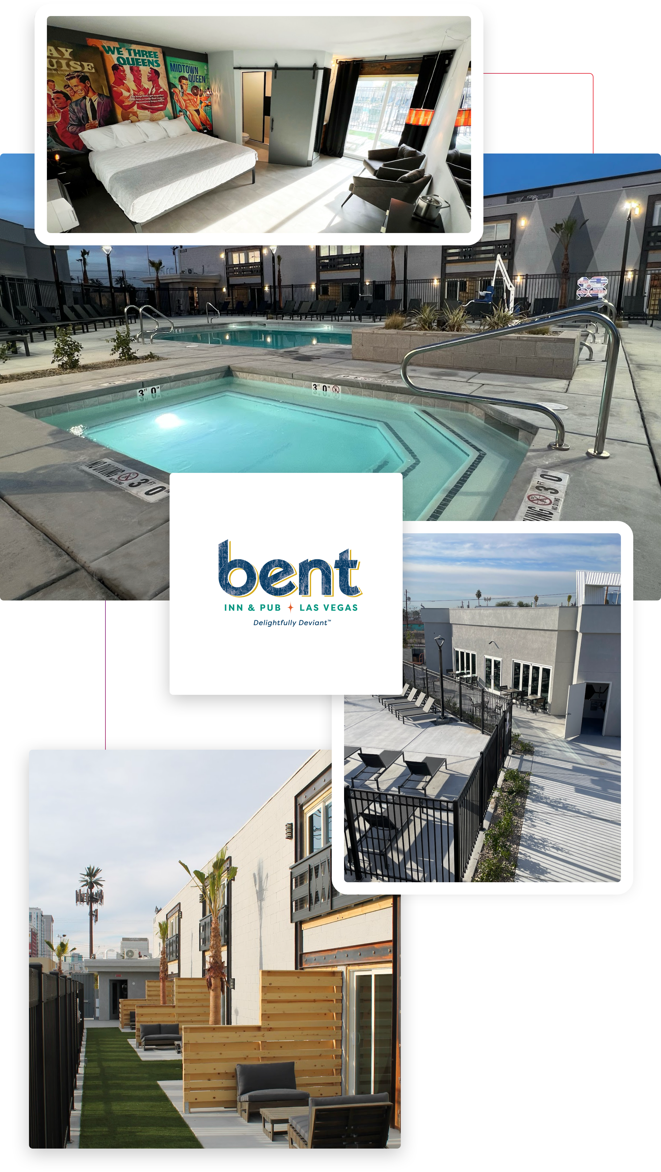A collage of images of The Bent Inn & Pub including the pool, outdoor decks and a room.