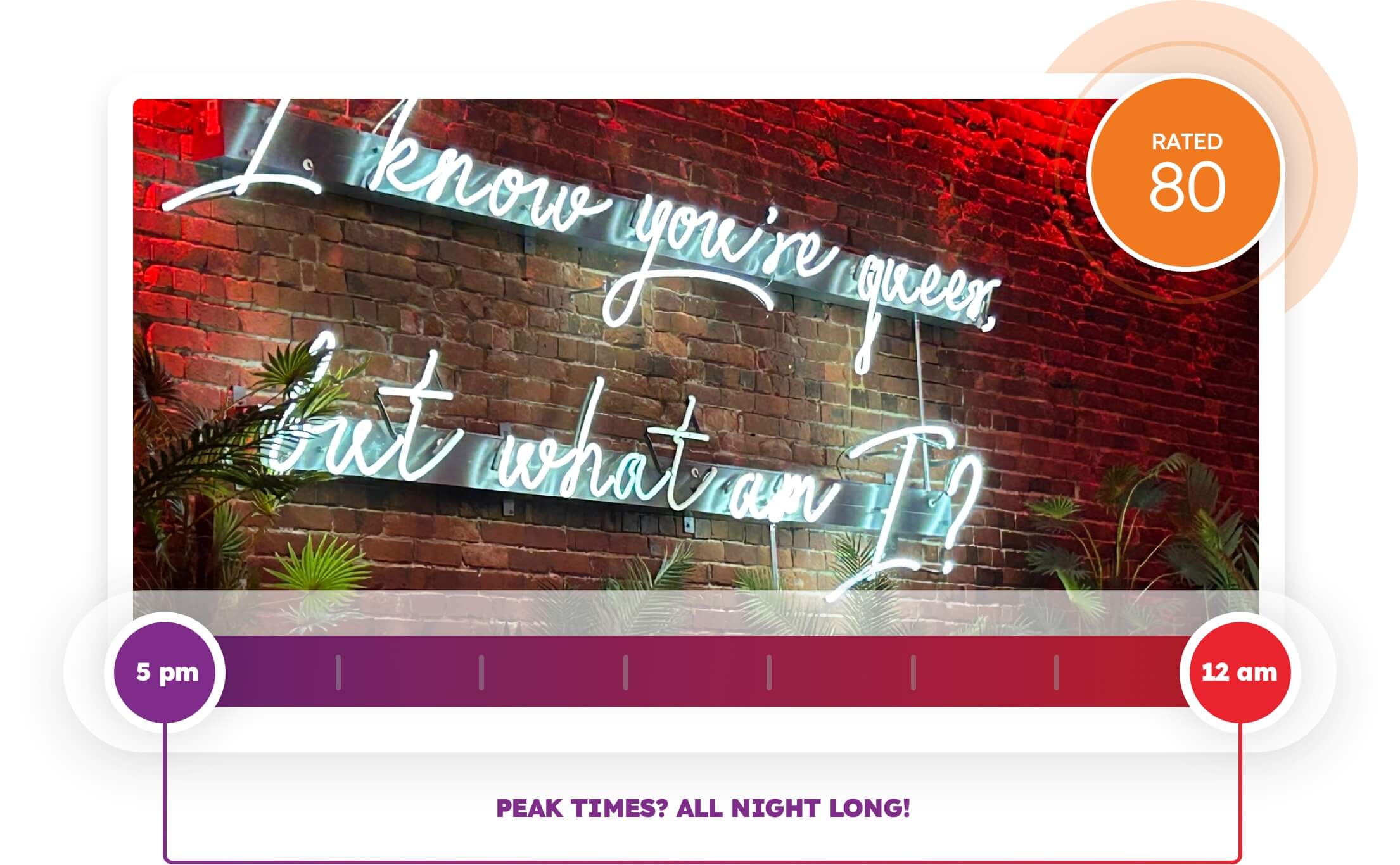 Interior brick wall of queer/bar with neon writing 