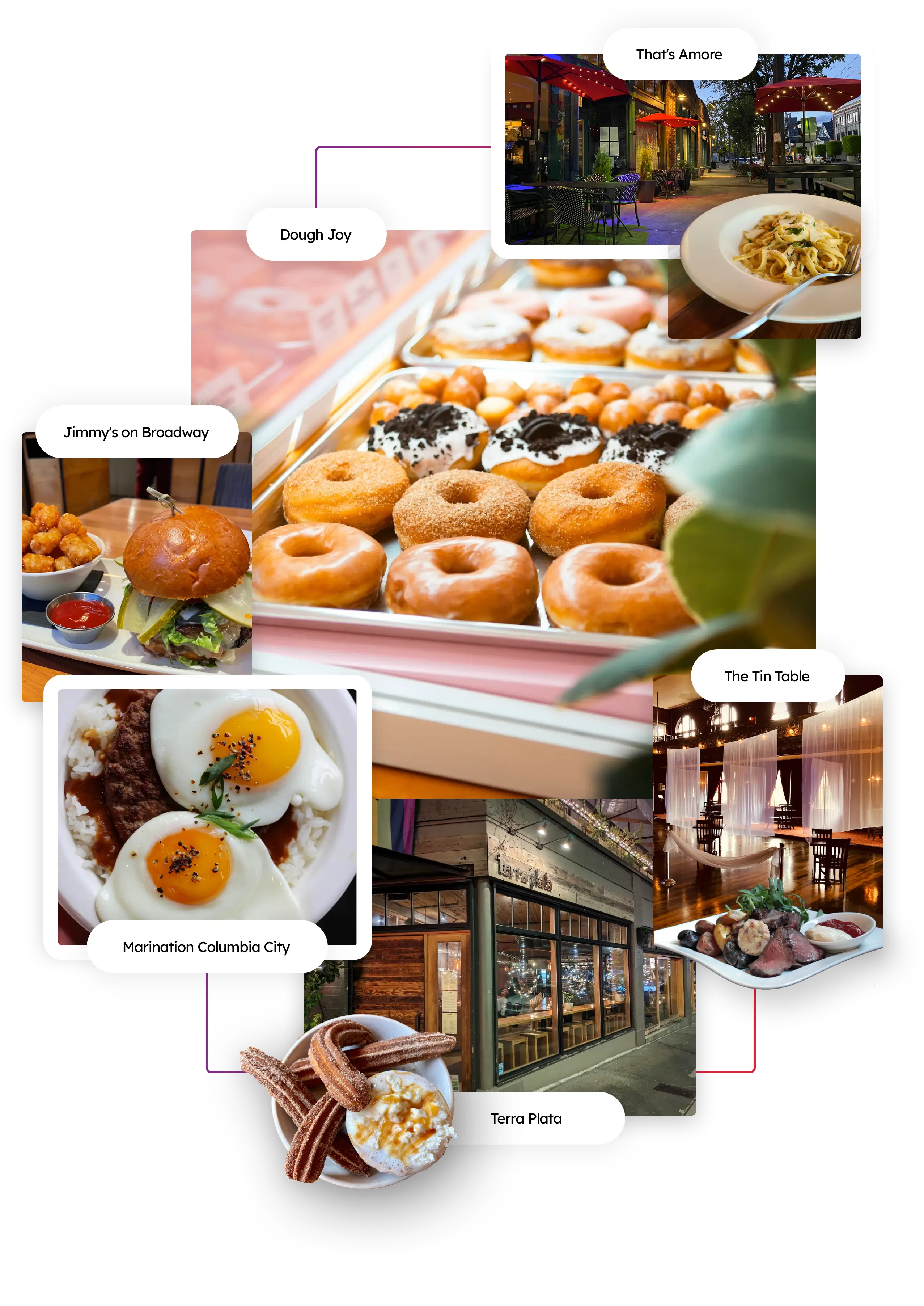 A collage of food options from restaurants Terra Plata, The Tin Table, Marination, and more.
