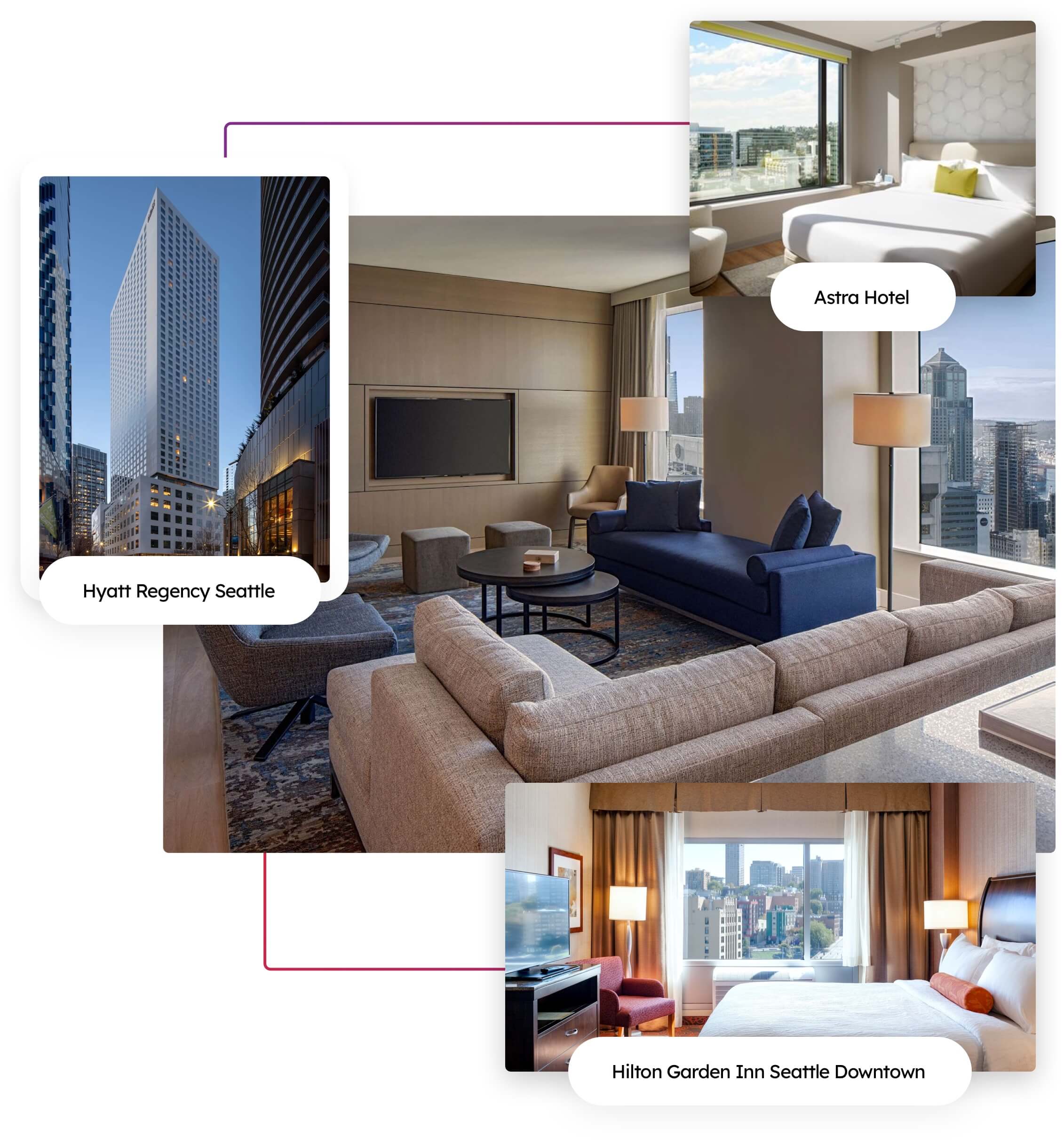 A collage of hotel options showing rooms including the Hyatt Regency, Astra Hotel, and Hilton Garden Inn