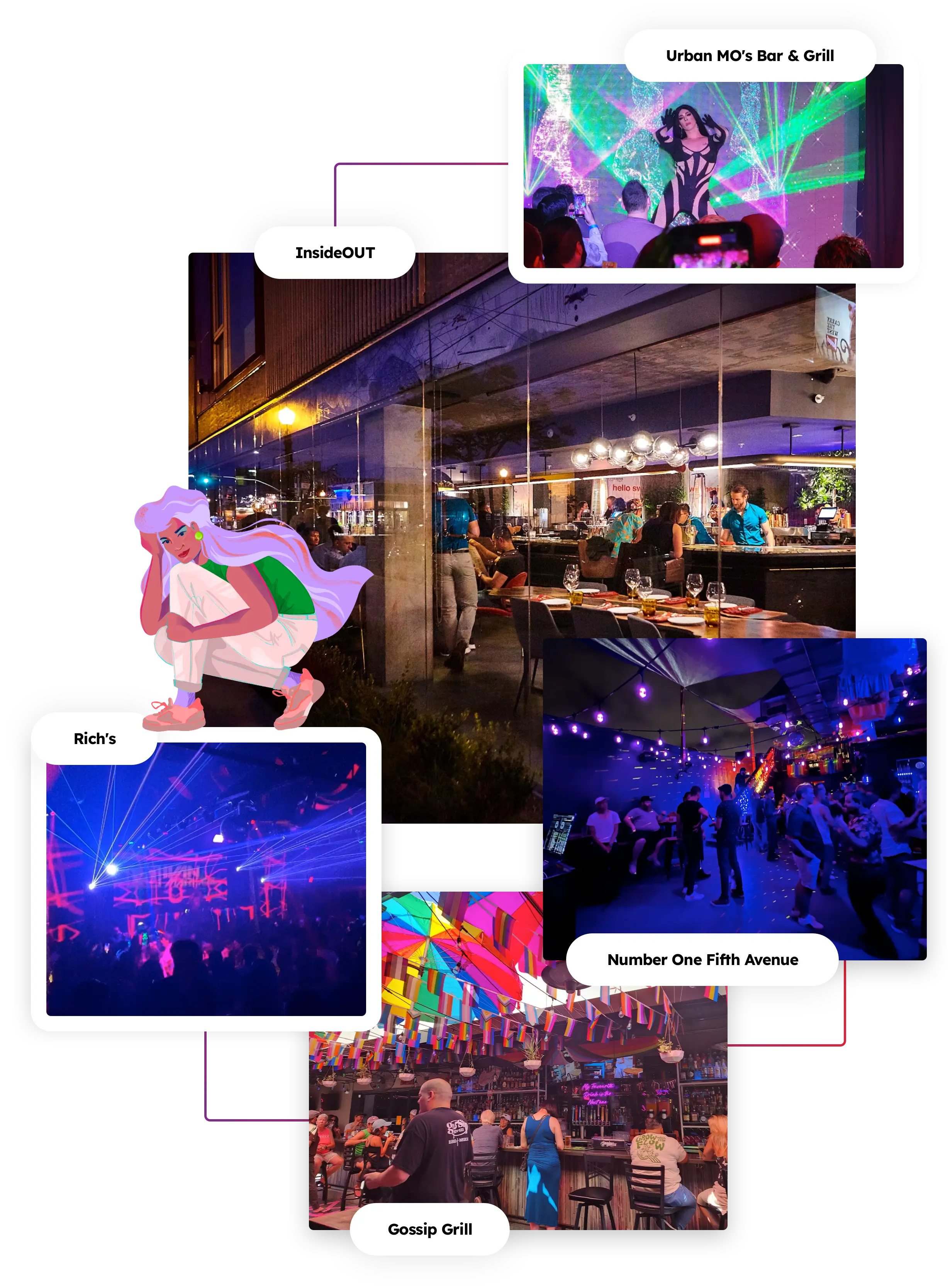 Collage of interior shots of Rich's, Gossip Grill, Number One Fifth Avenue, InsideOUT, and Urban MO's 