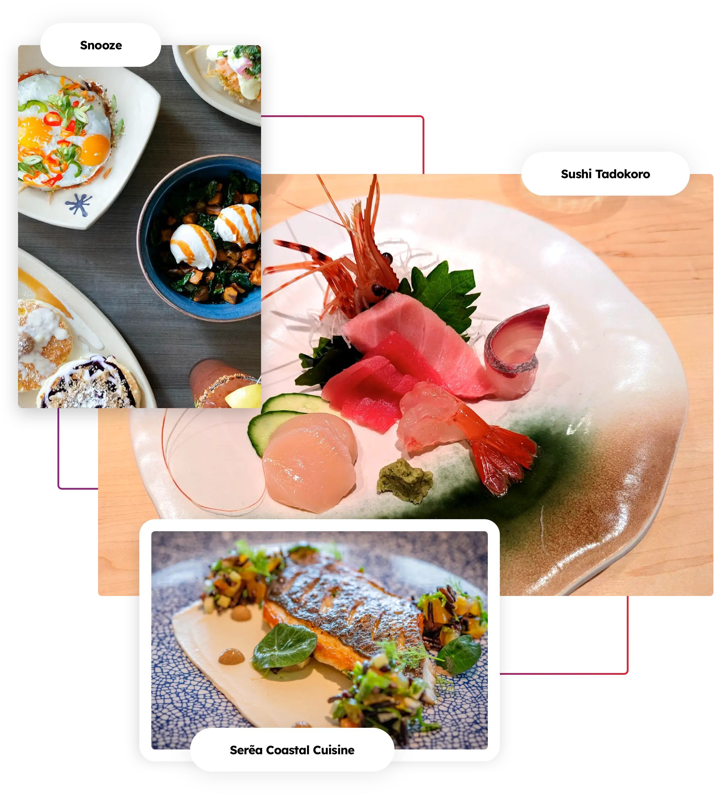 Top food spots in San Diego in a collage - Sushi Takodoro, Snooze, and Serea Coastal Cuisine